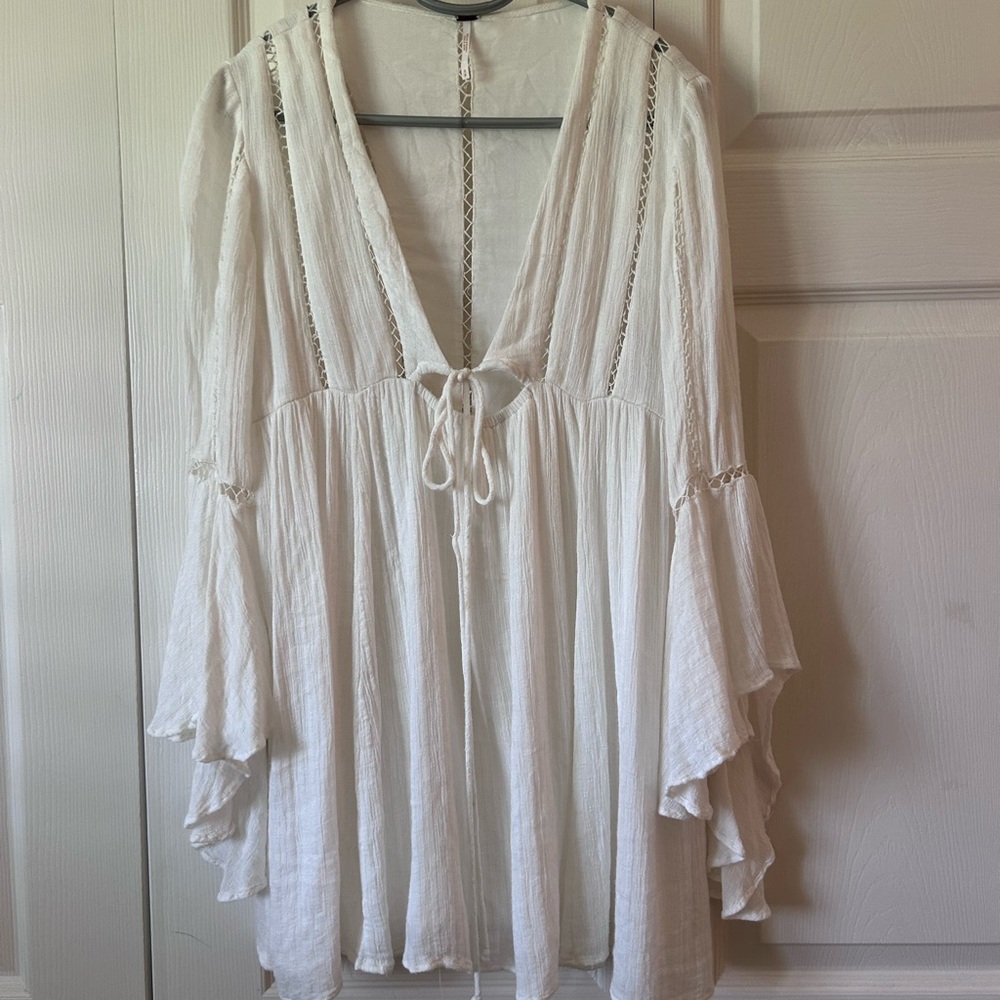 Free People White V-Neck Tie-Front Long Sleeve Maxi Dress